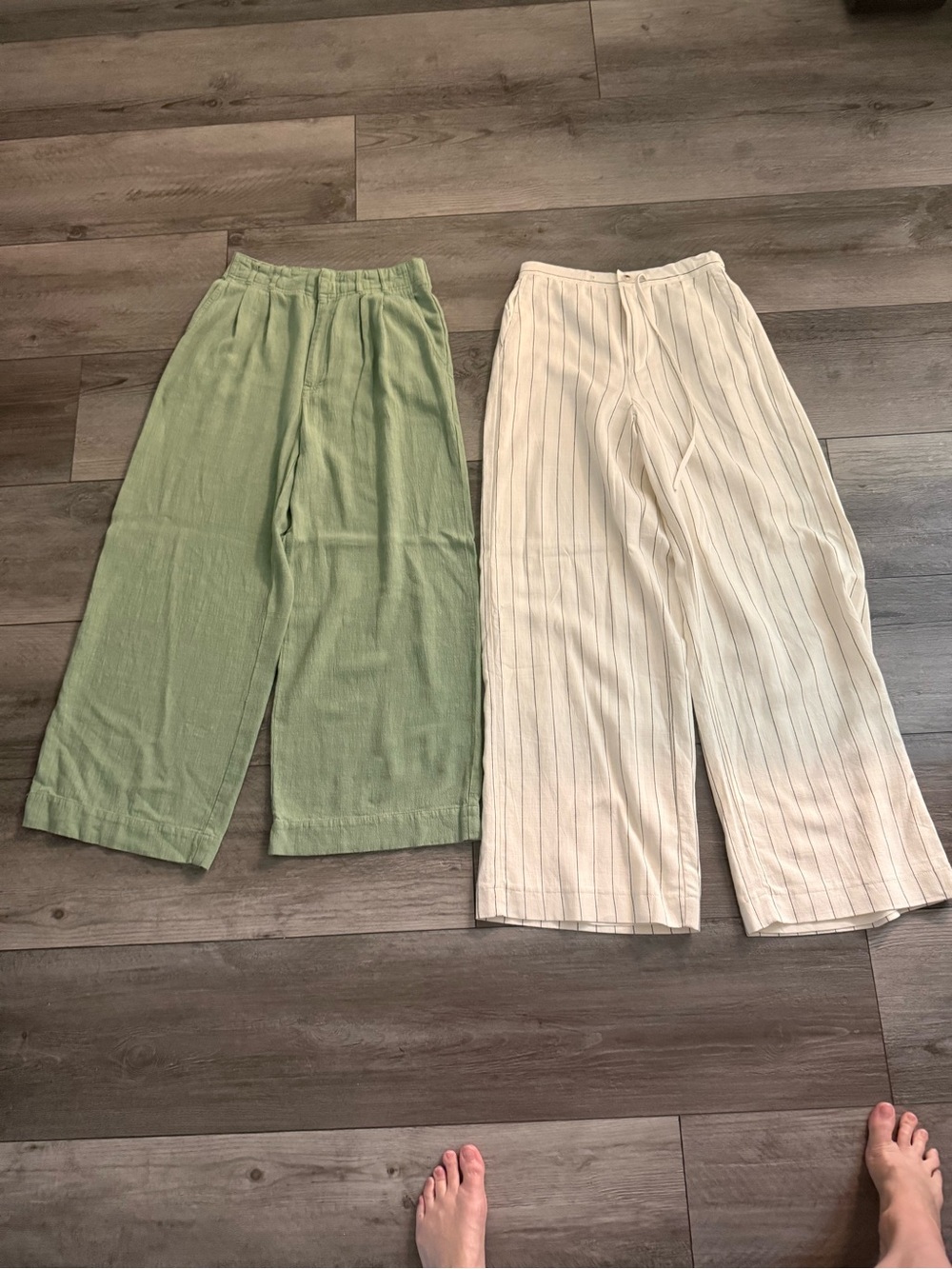 Wide Leg Linen-Blend Pants - Green and Cream